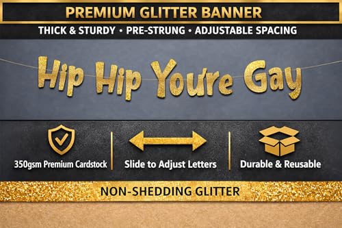 Image of Pre-Strung Hip Hip You're Gay Gold Glitter Banner - Birthday and Anniversary Decorations - Party Supplies and Gifts