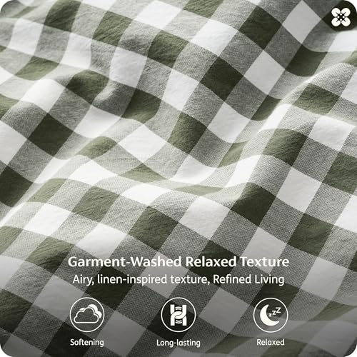 Image of Bedsure PureWoven Gingham Sheets 100% Washed Cotton King, Olive Green, 6PCS