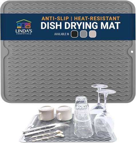 Silicone Dish Drying Mat Multi-Use Dish Drying Mat for Kitchen Counter Draining Board Mats Silicone Draining Mats for Kitchen Sink 40.6 x 30.5 cm Drainer Mat by Lindas Essentials Gray