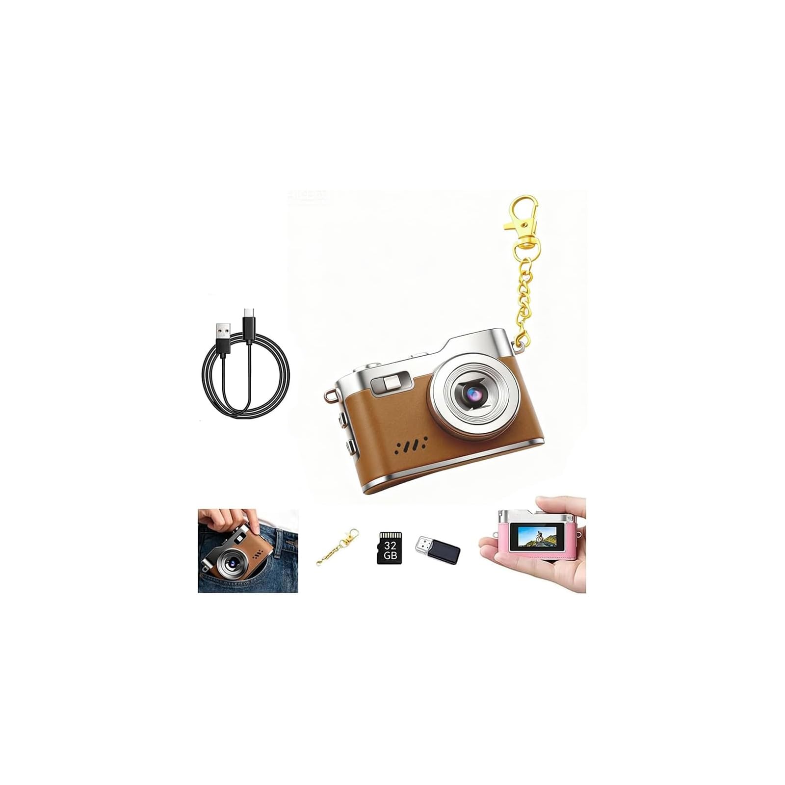 Mini Keychain Camera,1080P HD Retro Digital Camera,8 MP with 32GB SD Card and Flash Pocket-Sized,The Pocket Cameras Birthday Gift for Best Friends, Travel & Campus Daily Life (Brown)-image-20