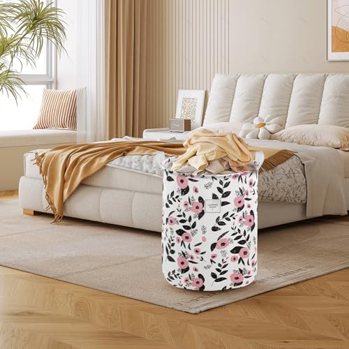 Image of Mziart Cute Laundry Basket, Large Floral Laundry Hamper for Girls Kids Toys Collapsible Clothes Organizer Waterproof Foldable Baby Hamper for Nursery Dorm Fabric Storage Basket Bin with Handles (Pink)