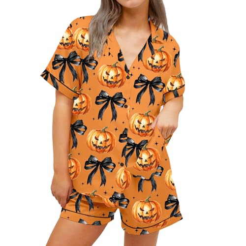 ICNGLKSND Halloween Satin Pajamas Set for Women Cute 2 Piece Graphic Pj Set Button Down Short Sleeve Shirt Shorts Lounge Set