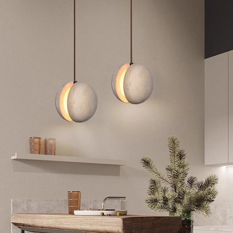 Miniatura 3 de Modern Spherical Pendant Light Simple Vintage Yellow Travertine Hanging Pendant Lamp Japanese Style Wood Dome Chandelier for Kitchen Island Bedroom