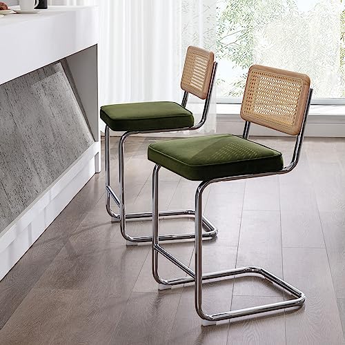 Zesthouse 24'' Counter Height Rattan Bar Stools Set Of 2, Modern Bar Stools For Kitchen Island With Natural Cane Backs, Upholstered Velvet Fabric Counter Chairs Stools Armless, Metal Chrome Legs+Green #TOP1