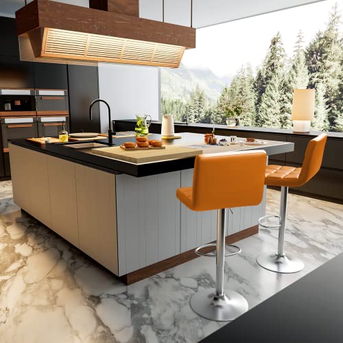 Image of Homall Bar Stools Modern PU Leather Adjustable Swivel Barstools, Armless Hydraulic Kitchen Counter Bar Stool Extra Height Square Island Barstool with Back Set of 2 (Leather, Orange)