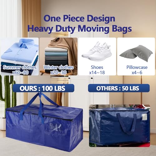 Demiwise 10 Pack Waterproof Moving Bags with Strong Zippers and Reinforced Handles, 100 lbs. Extra Heavy Duty Large Storage Totes for Packing & Moving Storing, Alternative to Moving Boxes -95L,Blue