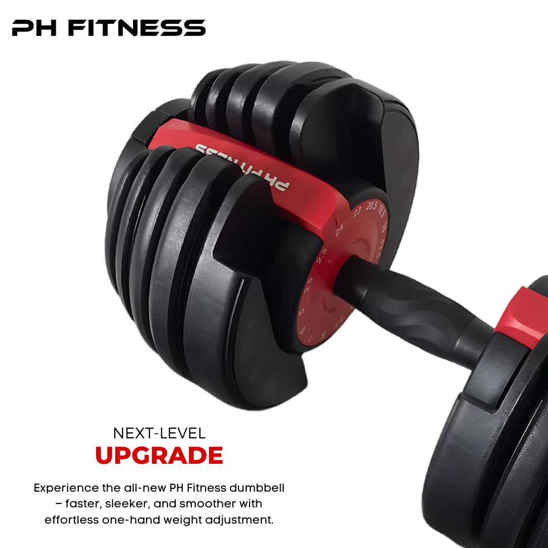 PH Fitness Premium Regulowany Zestaw Hantli 24 kg – 15-w-1 z Regulacją Jedną Ręką – Kompaktowa Para Hantli do Domowej Siłowni – 2,5–24 kg – Sprzęt Treningowy Oszczędzający Miejsce