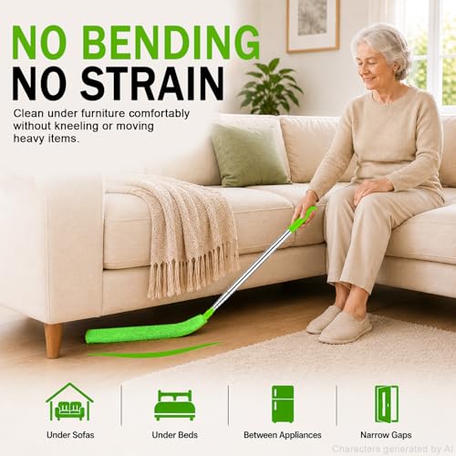 Image of Retractable Gap Dust Cleaner, 30-100 in Pole, 3 Microfiber Cloths, Green | Extends 30-100 inches to clean narrow gaps under refrigerators, sofas and appliances; includes 3 washable microfiber cloths.