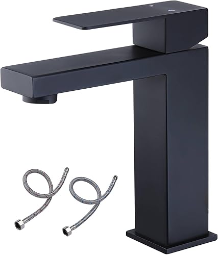 Grifo de lavabo de baño de una sola manija, color negro mate, grifo de baño de acero inoxidable con mangueras de suministro de agua certificadas por