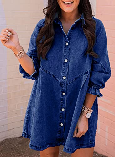 Image of Sidefeel Womens Smocked 3 4 Sleeve Button Down Denim Jeans Dresses