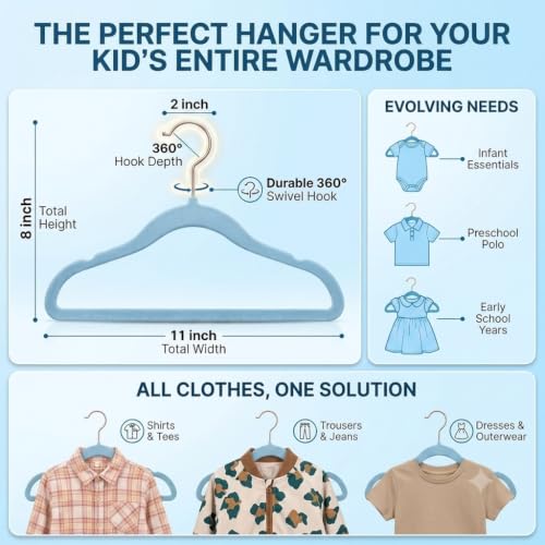 Image of 6 -Pcs Light Blue Kids Velvet Hangers Premium 11-Inch Children's for Closet, Ultra-Thin and Cute, Non-Slip Felt Design, Small for Kids' Clothes.