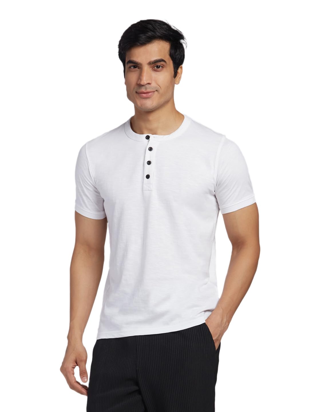 KINGDOM OF WHITE Wisp Black Buttons Pure Cotton Henley T-Shirt | 100% Classic Collar Ideal for Casual Outings & Travel