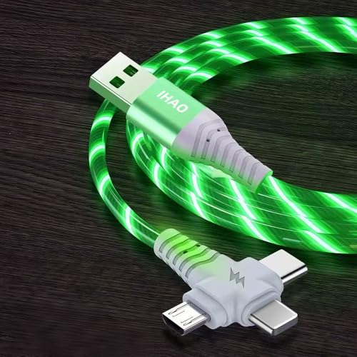 Image of IHAO Multi Ports Light-Up USB Cable USBA to USBC /MicroUSB Cable Durable Fast Charging Cable with Visible Current Flow As Night Light Use-3in1 Green