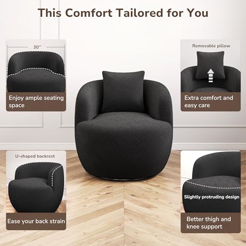 Image of BELLEZE Modern Round Boucle Swivel Armchair - Curved Backrest Upholstered 360 Swivel Sofa Accent Chair with Pillow, Comfy for Living Room - Francisco (Black)