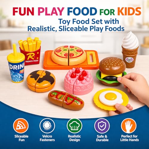 Image of PLUSPOINT Pretend Play Fast Food Set, 14pc Play Food for Kids with Take Apart Burger and Hot Dog Plastic Toys Food, Play Kitchen Accessories Role Play Toys Christmas Birthday Gift for Kids Toddlers