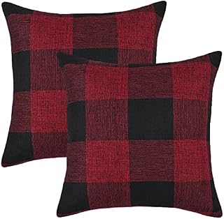 MSQ 2pcs Buffalo Check Cushion Covers 45cm x 45cm set Decorative Square Tartan Throw Pillow Case for Sofa Couch Bed Home Decor Car 18 x18 Inches (Red & Black) (without pillow)