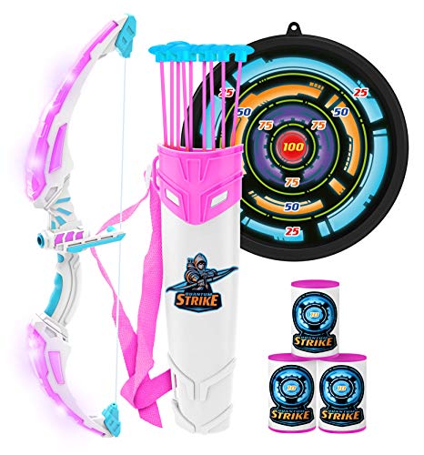JOYIN White Bow and Arrow Archery Toy Set with Flashing LED Lights for Kids, Light Up Archery Play Set with Luminous Bow, 9 Suction Cups Arrows, Targets, and Quiver