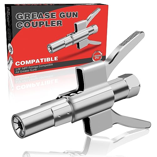 WINLOVE Double Handles Grease Gun Coupler Strong Lock on Greases Gun Couplers 12000 PSI Quick Release Grease Coupler with Spring Flex Hose Compatible with All Grease Guns 1/8' NPT Grease Gun Fitting
