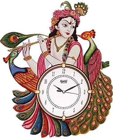 Art Angels Wooden Antique Lord Krishna with Peacock Designer Wall Clock (12 x 16.5 inch, Multicolour),KP499