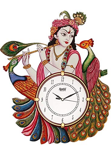Wooden Antique Lord Krishna with Peacock Designer Wall Clock (12 x 16.5 inch, Multicolour),KP499