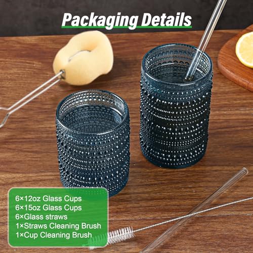 Image of ZMOWIPDL Drinking Glasses Set of 12,Blue 12oz & 15oz Hobnail Glass Cups | Vintage Glassware,Embossed Water Tumbler,for Beer,Cocktail,Whiskey,Juice and Various Mixed Drinks- 1 Cleaning Brush