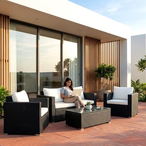 Image of OUTLIVING Outdoor 4 Seater Sofa Set | Balcony Sofa | Patio Furniture Sets | Conversation Sets | Wicker | Garden | Balcony | (Black-White)