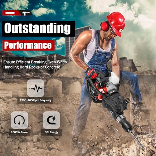 POIOKLJRE 33CC Demolition Jack Hammer, Concrete Demolition Hammer, 1000W Rock Breaker, 30J Impact Energy, 4-functions hammering use for Ground Slotting, Rock Breaking, Wall Drilling