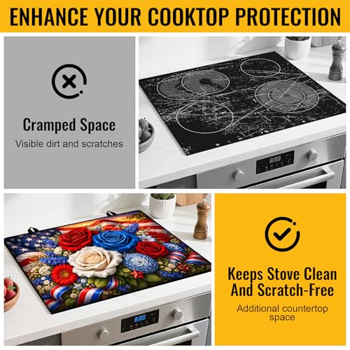 Image of Stove Top Covers for Electric Stove, Glass Stove Top Cover 28.5x20.5 in | Heat Resistant, Non-slip, Use on Electric or Ceramic Stove Protector, Dish Drying Mat, Floral Kitchen Decor