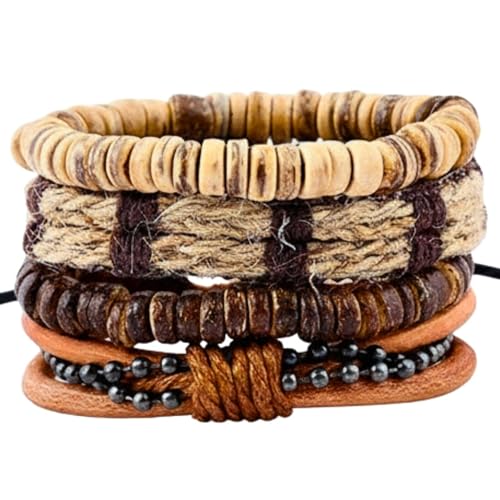 Image of THE MEN THING RUSTBORNE - 4 Pcs Brown Genuine Leather Adjustable Bracelet Set for Men & Boys (8 inch)