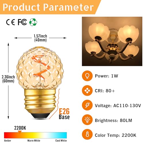 Image of G40 LED Low Watt Light Bulbs Warm Glow E26 Amber 1W 10 Watt Light Bulb,Low Lumen Light Bulb Small Edison Short Dim Light Bulbs for Lamp,Bedroom (Amber Spiral Filament 2200K, 15 Count)