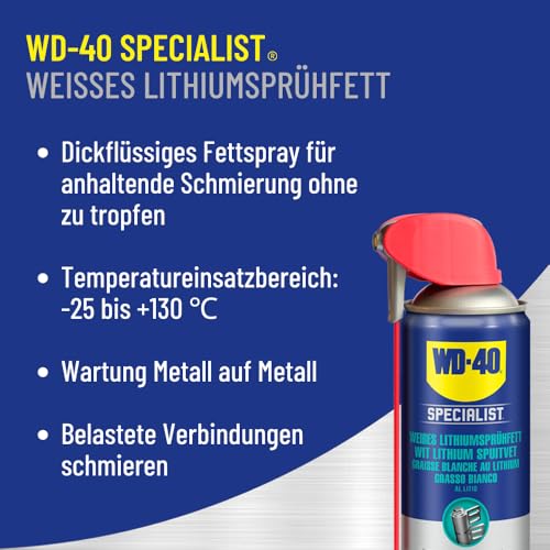 WD-40 Specialist Weißes Lithiumsprühfett Smart Straw 300ml – Dickflüssiges Schmierfett für Metall-auf-Metall-Verbindungen, hohe Druckbelastung, ideal für Getriebe, Lager & bewegliche Teile im Fahrzeug
