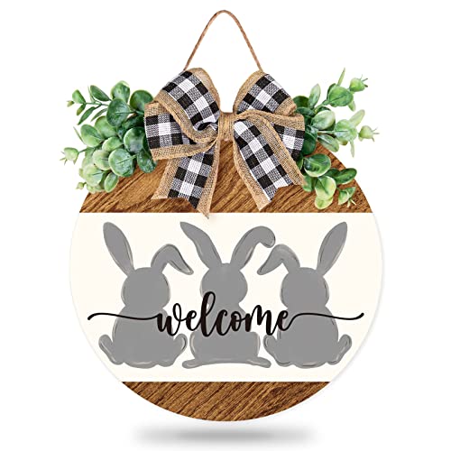 Whaline Easter Wooden Hanging Sign Easter Welcome Bunny Rabbit Welcome Sign Door Decoration with Bow Rustic Farmhouse Easter Wood Sign for Spring Holiday Birthday Home Coffee Shop Bakery Window Door