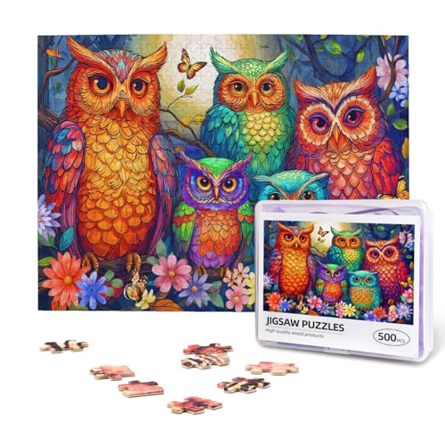 Owl Jigsaw Puzzles for Adults 500 Pieces Flower Owl Painting Wooden Jigsaw Puzzle Colorful Animal Ow