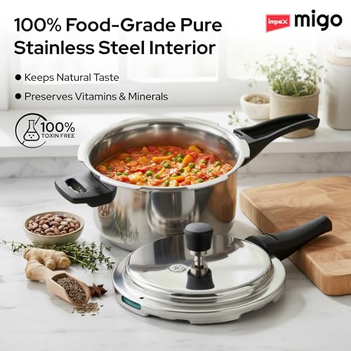 Image of Impex Triply Stainless Steel Pressure Cooker 5 Litres With Outer Lid | Induction and Gas Stove Competable | 3 Layer Construction | ISI Certified | 5 Year Warranty (5 Litre)