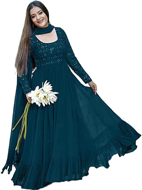 Women's Georgette Traditional Ethnic Long Sequins Embroidered Anarkali Gown with Dupatta