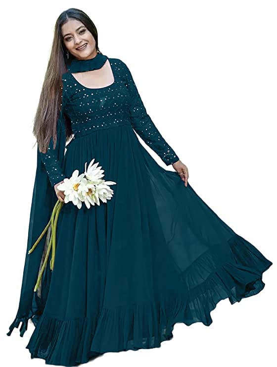 Women's Georgette Traditional Ethnic Long Sequins Embroidered Anarkali Gown with Dupatta