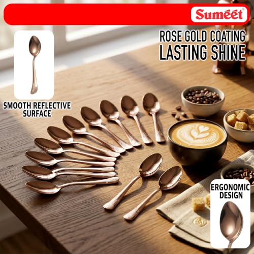 Image of Sumeet Stainless Steel Rose Gold Dessert /Table Premium Spoon Set of 12 Pc - (18cm L) (1.6mm Thick)