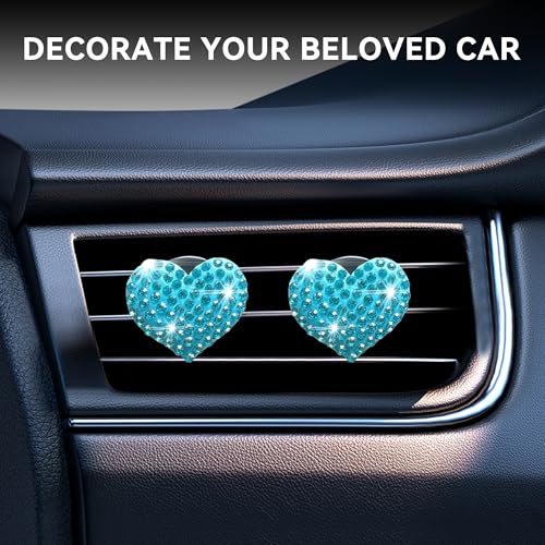 Image of Car Bling Air Vent Clips, 2 Pcs Bling Heart Charm Air Conditioning Outlet Clip, Crystal Rhinestone Accessories, Car Interior Decoration Cute Accessories for Women Girls (Blue, Vanilla)