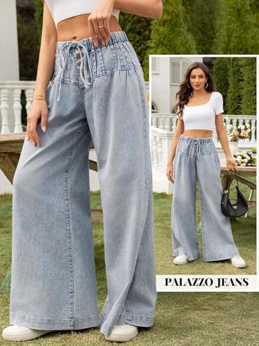 LONGBIDA Wide Leg Jeans Women Stretch High Waisted Drawstring Elastic Waist Flare Denim Pants2