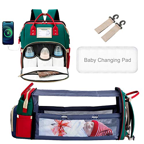 Diaper Bag Backpack with Travel Bassinet,Detachable Foldable Baby Bed for Bady Toddler, 3 in 1 Nappy Bag Changing Station, Travel Baby Bag with Crib (Muti-Color)
