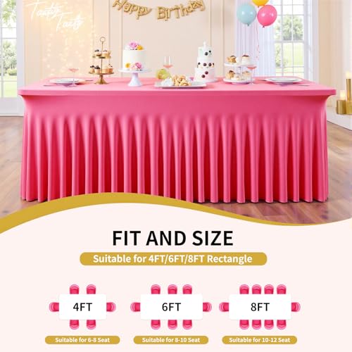Image of Outpain 6ft Spandex Table Cloth for Standard Folding Tables-4Pack Hot Pink Table Cloth Table Protector for Party, Wedding, Cocktail, Banquet, Festival