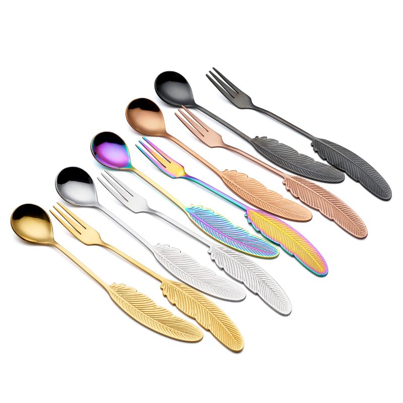 sdneNest Juego de cubiertos de 10/40/60/80/100/120 piezas de cucharas y tenedores de plumas de acero inoxidable 304, regalo creativo, cuchara pequeña, cuchara de café, cuchara de postre y arco iris