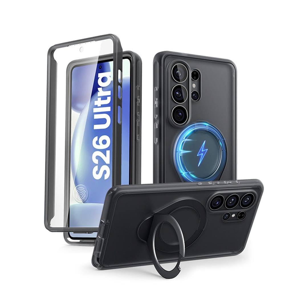 Funda Protectora de Silicona Transparente Mate con Soporte magnético, Cobertura Total y Resistente a caídas para Samsung Galaxy S26 Ultra, Color Negro Mate, para Samsung Galaxy S26 Ultra