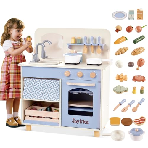 Image of Joylike Wooden Kitchen Playset for Kids, Toddler Play Kitchen with 32Pcs Accessories Cutting Food Set, Stove & Water Sink, Pretend Play Toy for Kids Ages 3+