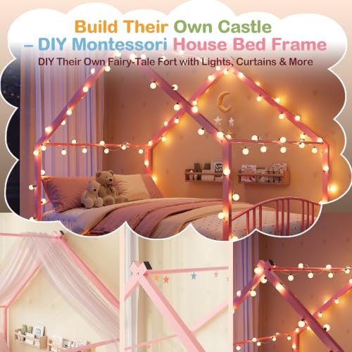 Image of Garvee Full Size Metal House Bed Frame for Kids, Pink