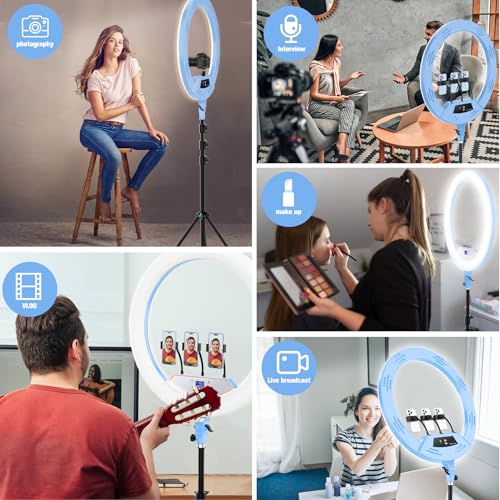 Image of 22 inch LED Ring Light, with 75 inch Tripod /LCD Display /3+1 Phone Clips / 2 USB Ports /Wireless Remote, Adjustable 2600K-6500K Color Temperature, for YouTube Facebook Live TikTok Video Recording Vlog (Blue)