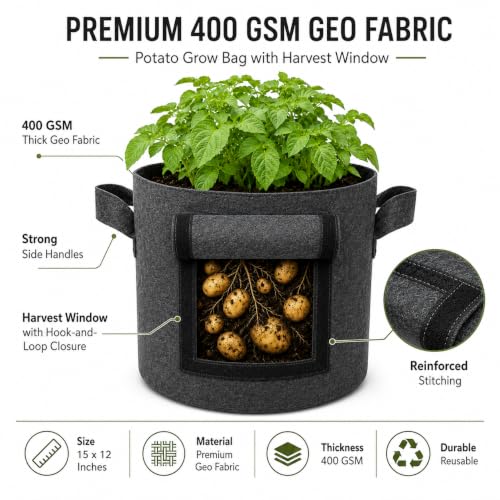 Image of Casa De Amor 15x12 Inch Potato Grow Bags for Root Vegetables, Geo Fabric 400 GSM Plant Bag (Black Color, Pack of 1)