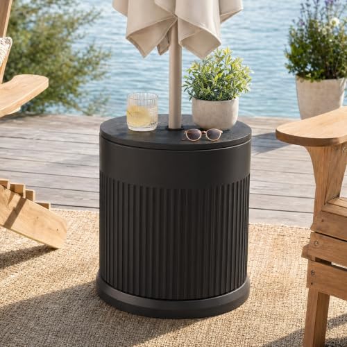 wikiwiki 2-in-1 Patio Umbrella Base & Outdoor Side Table Small Patio Table with Hole Fits 1.5-1.9in Poles 50Lbs Weighted Water Bag HDPE&PP Woodgrain for Patio Deck Poolside & Garden Use Black