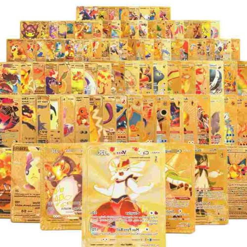 55 Gold Cards Packs for Vmax V EX GX Rare Golden Cards Deck Box Gold Foil Compatible with Fans Collectors Gifts No Duplicate