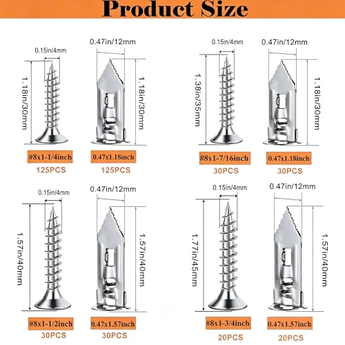 Image of 410PCS Self Drilling Drywall Anchors with Screws Kit-2 Sizes Sheetrock Anchors & 4 Sizes Zinc Expansion Screws, Upgraded Zinc Plated Steel,No Drill Needed,Holds Up to 66LB on Walls(Sliver)